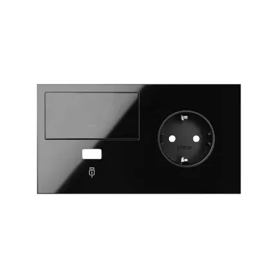 Кит 2 поста, фронт. Накладка на 1 роз.Schuko (прв) + 1 з/у USB A + 1 клав.выкл-ля, черный глянец, S100