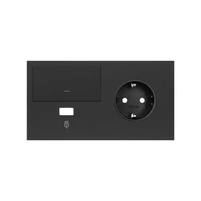 Кит 2 поста, фронт. Накладка на 1 роз.Schuko (прв) + 1 з/у USB A + 1 клав.выкл-ля, черный матовый, S100