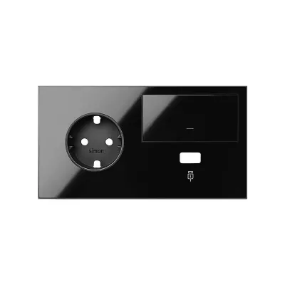 Кит 2 поста, фронт. Накладка на 1 роз.Schuko (лев) + 1 з/у USB A + 1 клав.выкл-ля, черный глянец, S100