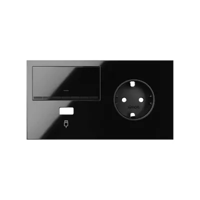 Кит 2 поста, фронт. Накладка на 1 роз.Schuko (прв) + 1 з/у USB A + 1 клав.светорег-ра, черный глянец, S100