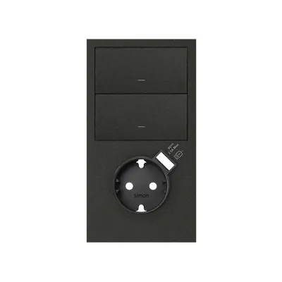 Кит 2 поста, фронт. Накладка вертик.на 1 роз.Schuko с з/у USB A + 2 клав.выкл-лей, черный матовый, S100
