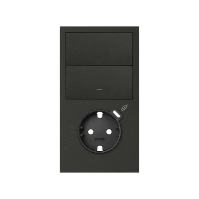 Кит 2 поста, фронт. Накладка вертик.на 1 роз.Schuko с з/у USB C + 2 клав.выкл-лей, черный матовый, S100
