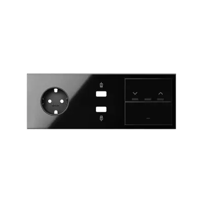 Кит 3 поста, фронт. Накладка на 1 роз.Schuko + з/у USB A+A + 1 клав.выкл-ля + 1 клав.жалюзи, черный глянец, S100