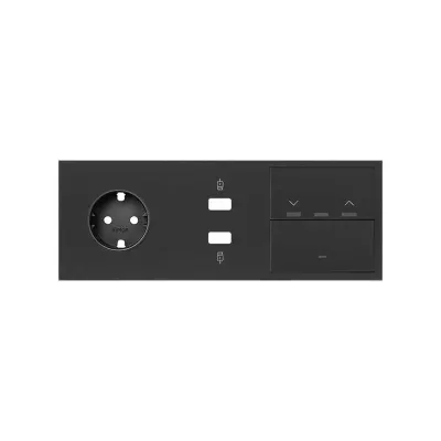 Кит 3 поста, фронт. Накладка на 1 роз.Schuko + з/у USB A+A + 1 клав.выкл-ля + 1 клав.жалюзи, черный матовый, S100