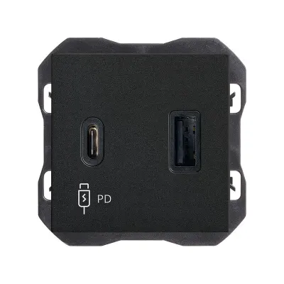 Механизм USB зарядного устр-ва, 2М, USB A+C, QC3.0, S270, чёрный матовый