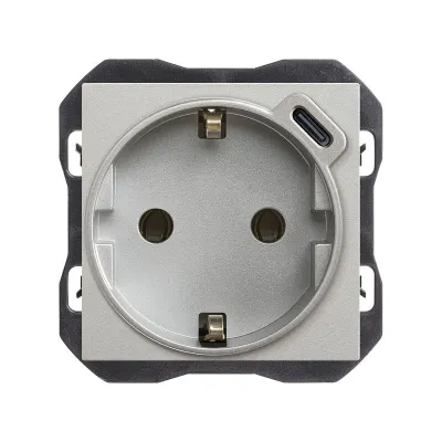 Механизм розетки SCHUKO + USB-C з/у, 2P+E, 16А/250В (2.1А/5В), S270, алюминий