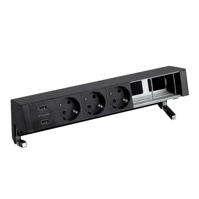 Настольный x6 розеточный блок, 3x2P+E, USB A+A з/у, 2 пустых модуля, черный, S400
