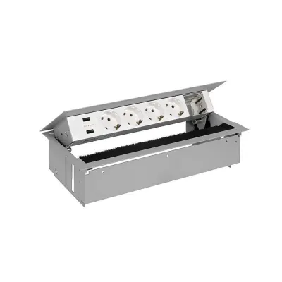 Врезной x6 розеточный блок, щетка, 4x2P+E, USB A+A з/у, 1 пустой модуль, алюминий, S400